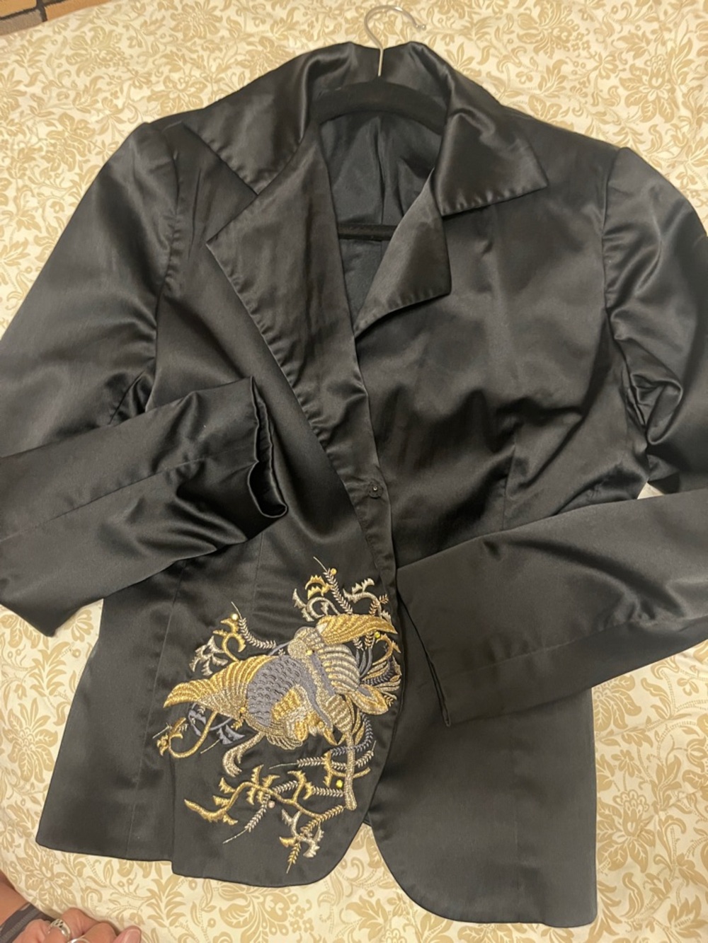 Black Satin Blazer with Gold Embroidered Detail